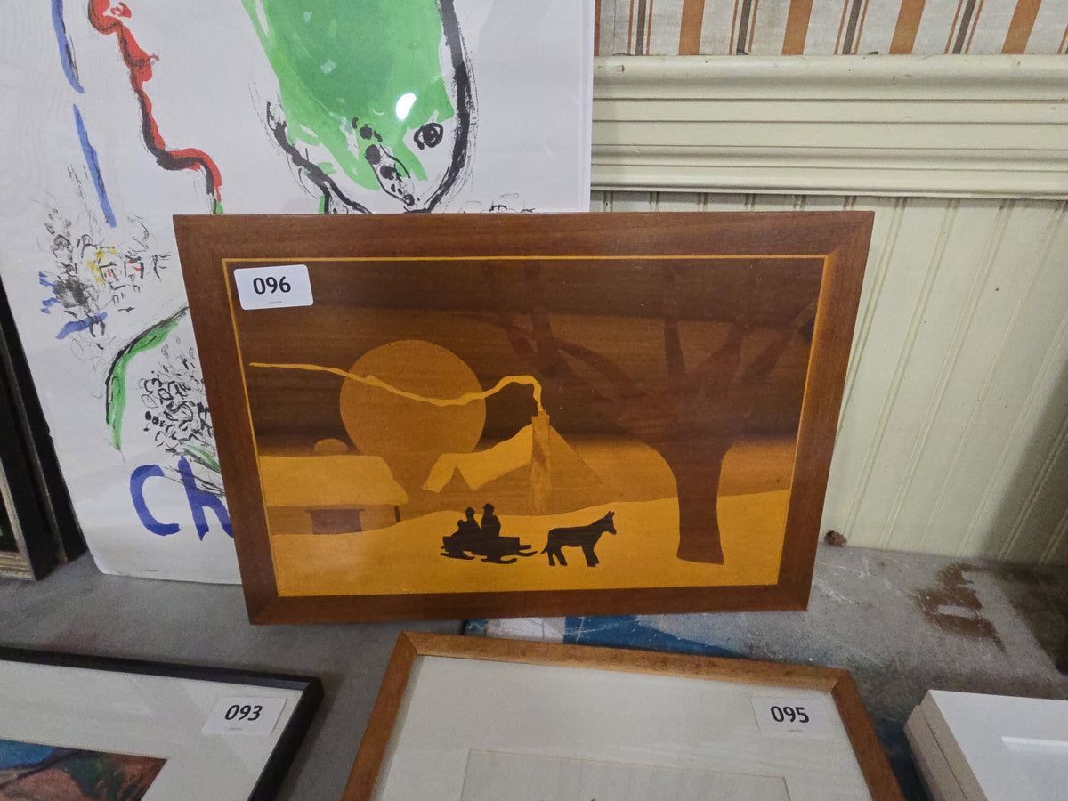 Vintage Marquetry inlaid wood panel of dog sled scene