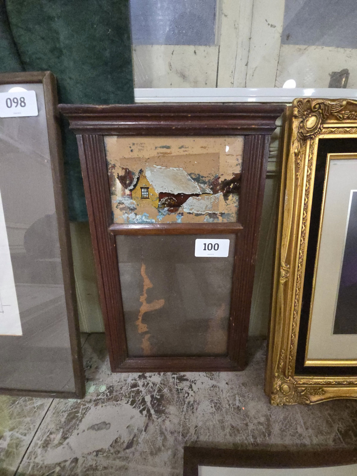 antique two part mirror with reverse painting of cabin