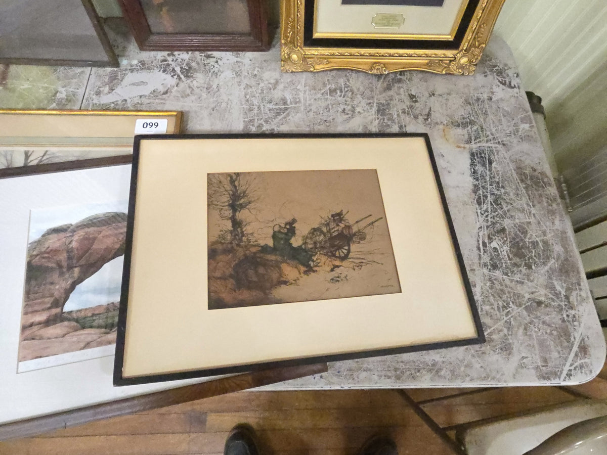 vintage print of drinking farmer in frame, no glass in frame