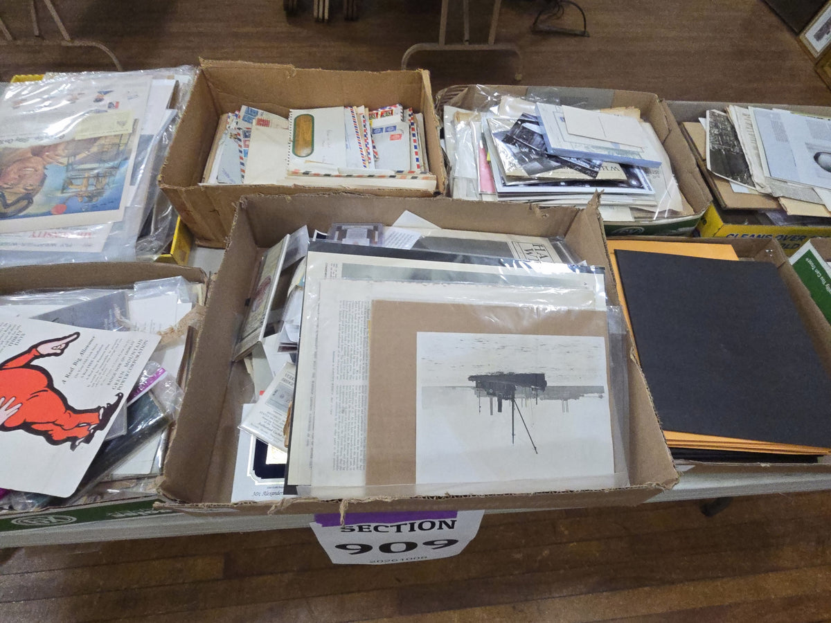 box lot of miscellaneous ephemera including Harper's weekly, photographs, newspapers, stamps and more