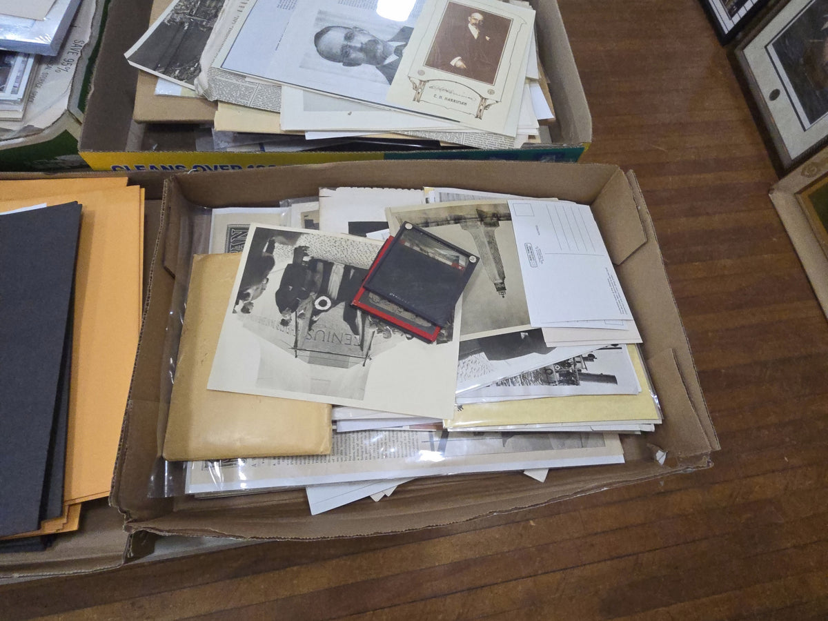 box lot of miscellaneous ephemera including postcards, slides, scientific american, and more
