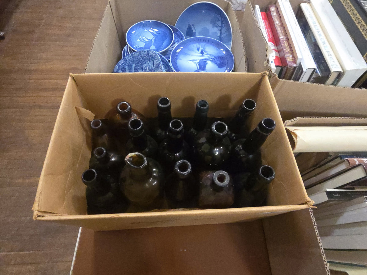 box lot of dark colored, amber, and more antique bottles