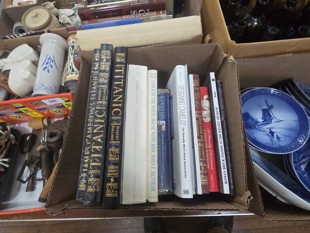 box lot of modern books including titanic, Kennedy books, and others