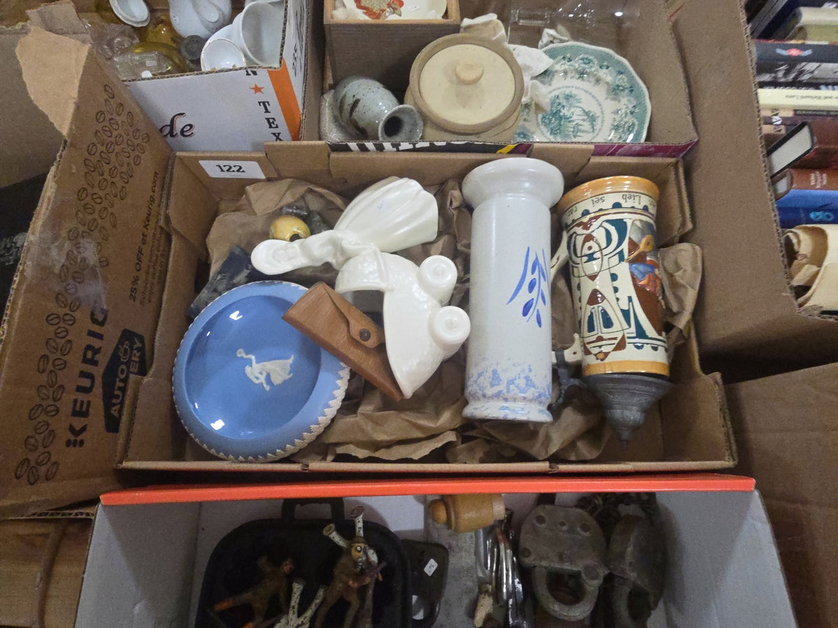 box lot of ceramic objects including vase, German stein, jasperware, and more