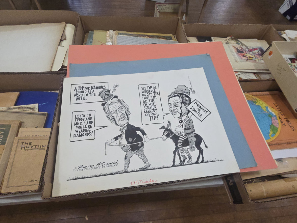 box lot of ephemera including many hand-drawn and printed illustrations, including comic strips and other satirical images