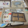 Lot 131 - Box Lot of Ephemera Including Leather Book Cover, Japanese Pesos, and Many Valentines