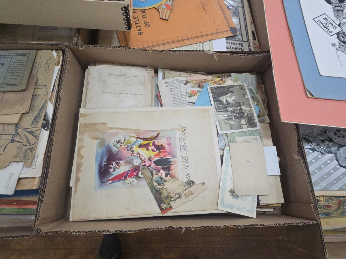 box lot of ephemera including gone with the wind, fantasia, and many trade cards and documents