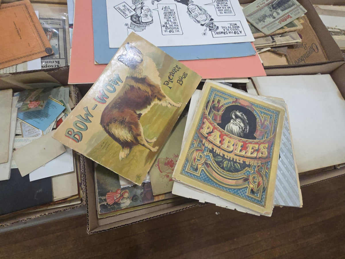 box lot of ephemera including many chromolithograph children's books including fables for the little ones and Bow Wow
