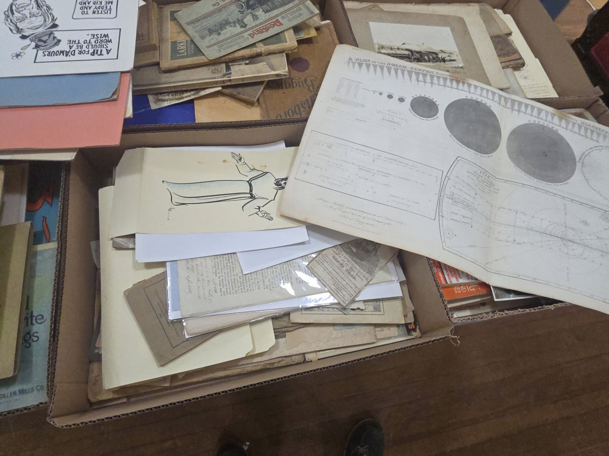 box lot of miscellaneous ephemera including a plan for the solar system, illustration of jesus, and other early paper