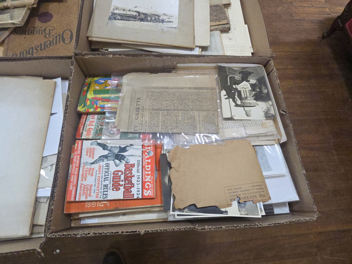 box lot of ephemera, including photographs, sporting materials, and more