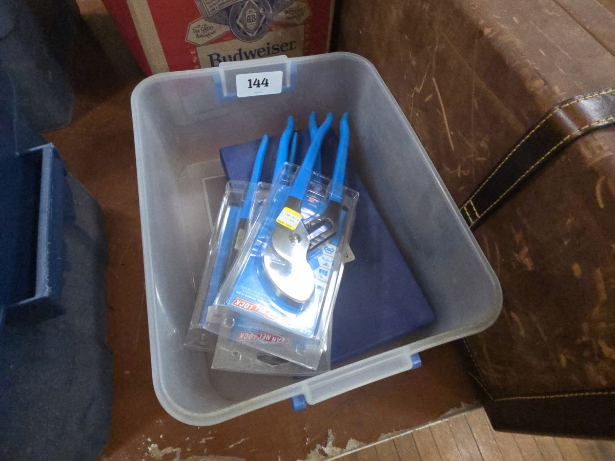 box lot with three new pairs of channel locks and storm tool