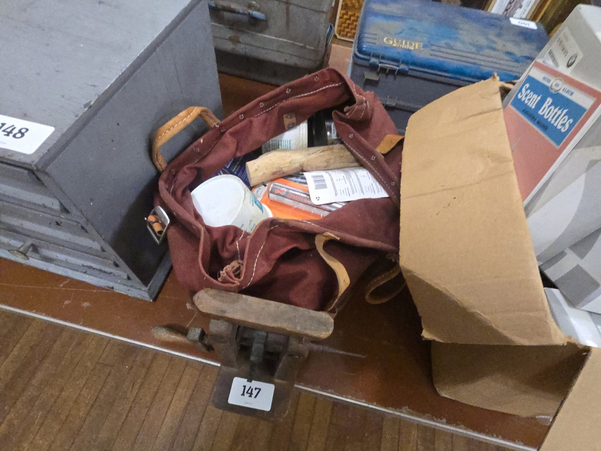 lot with mechanical wooden doohickey and bag of tools