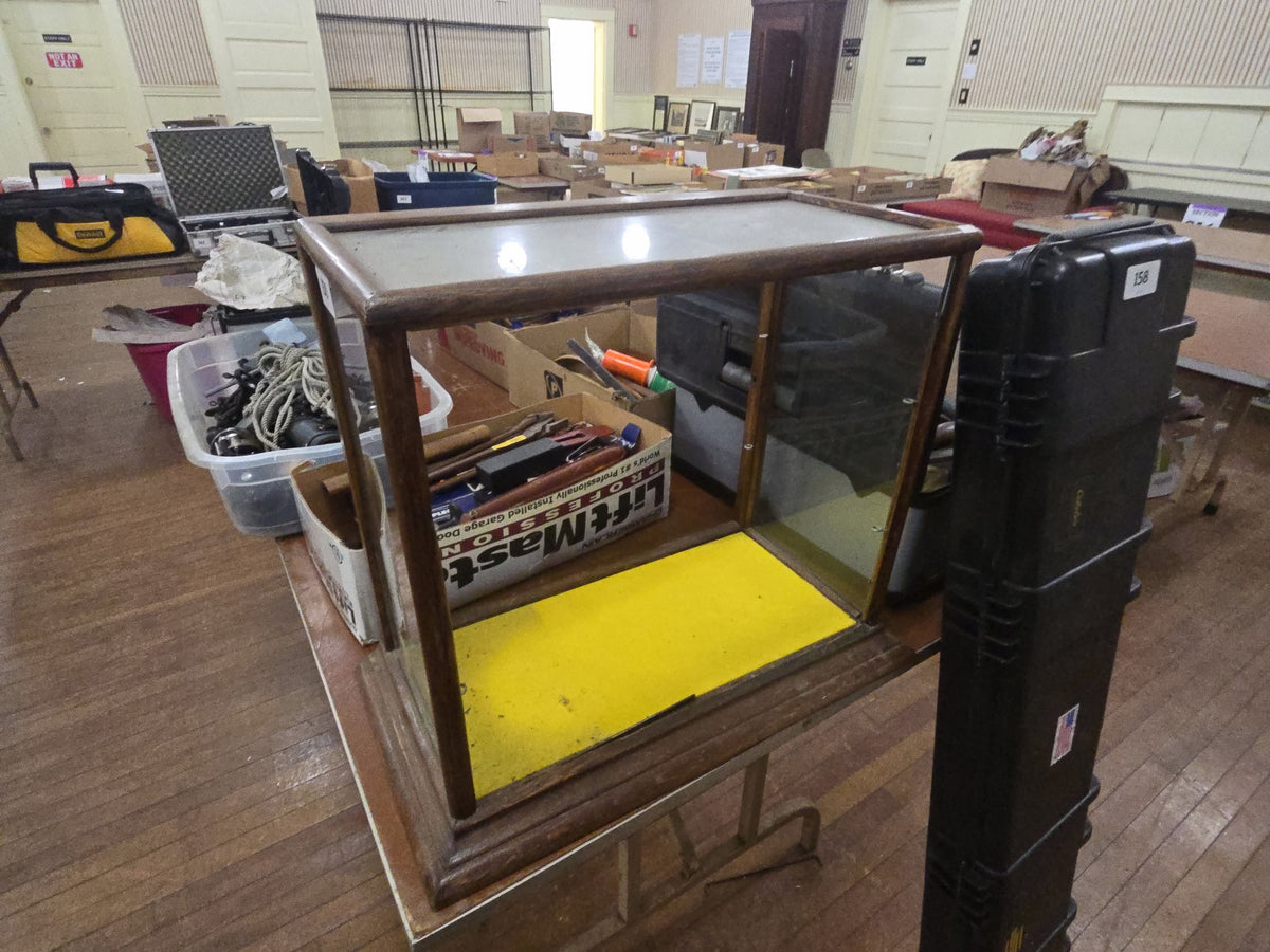 antique display case, missing doors, missing interior shelf, missing front glass