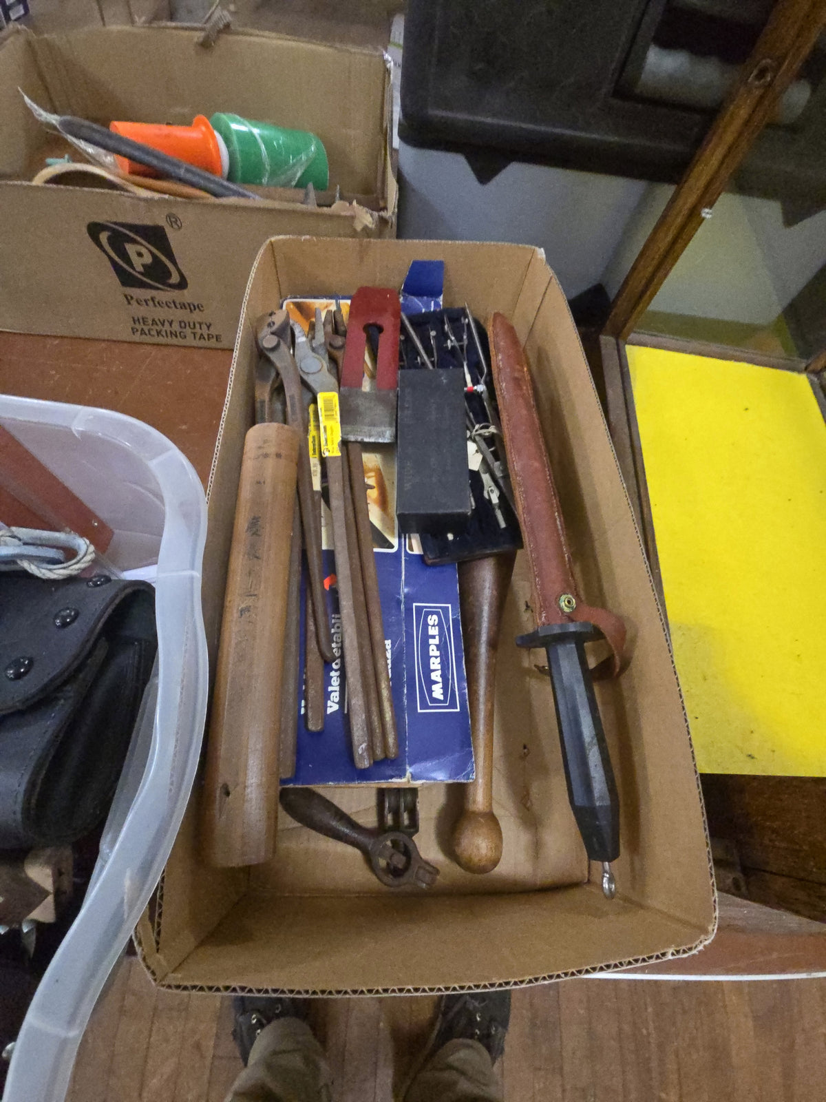 Box lot of miscellaneous tools including Japanese blade sheath
