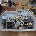 Lot 152 - Box Lot of Miscellaneous Items Including Tools, Fishing Reels, Anchor, and Cast Iron Monkeys