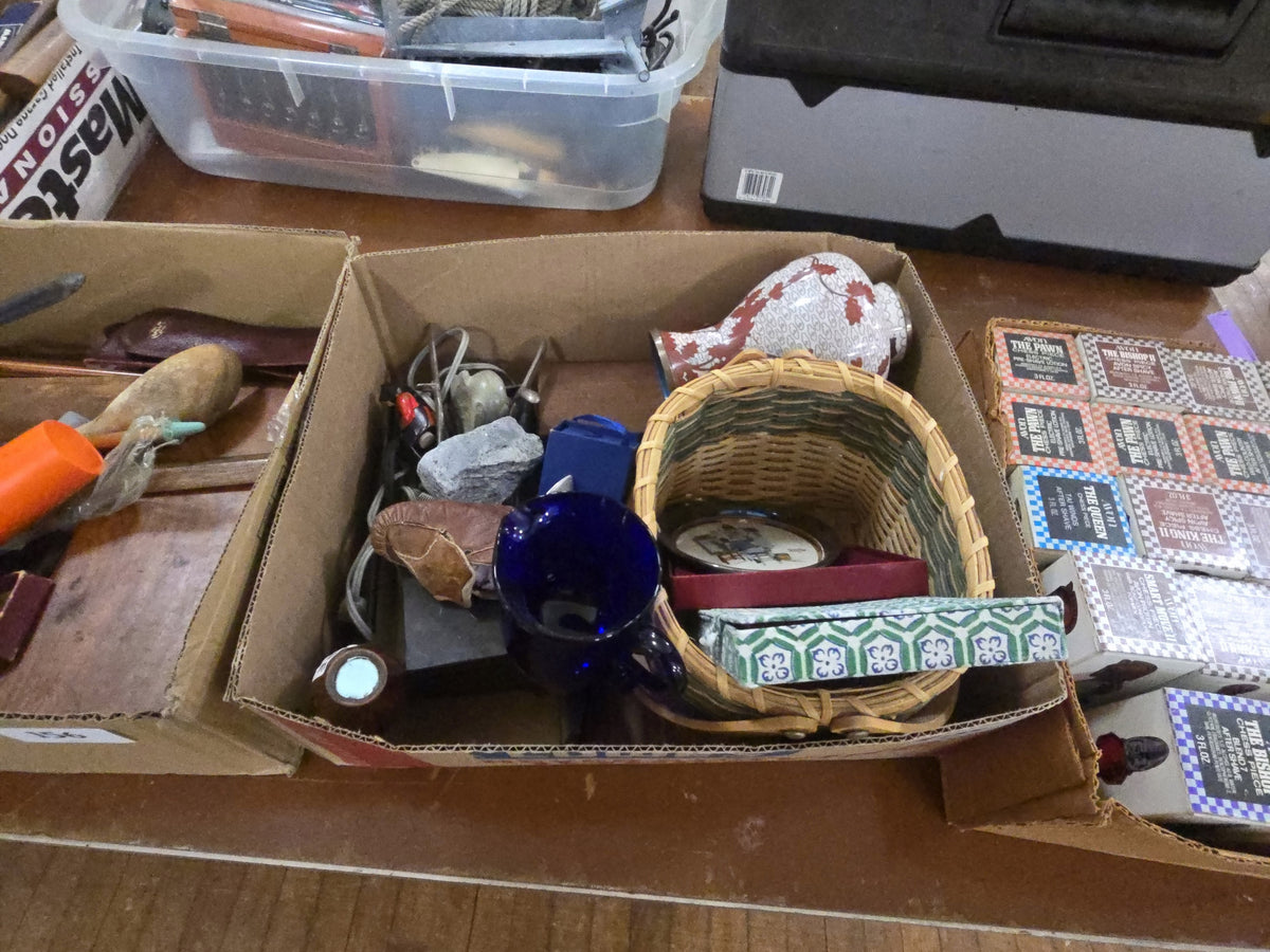 box lot with miscellaneous Smalls including cloisonne, basket, and more