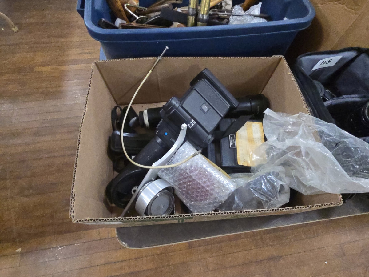 box lot with miscellaneous camera accessories including Vivitar and Tamron Lens