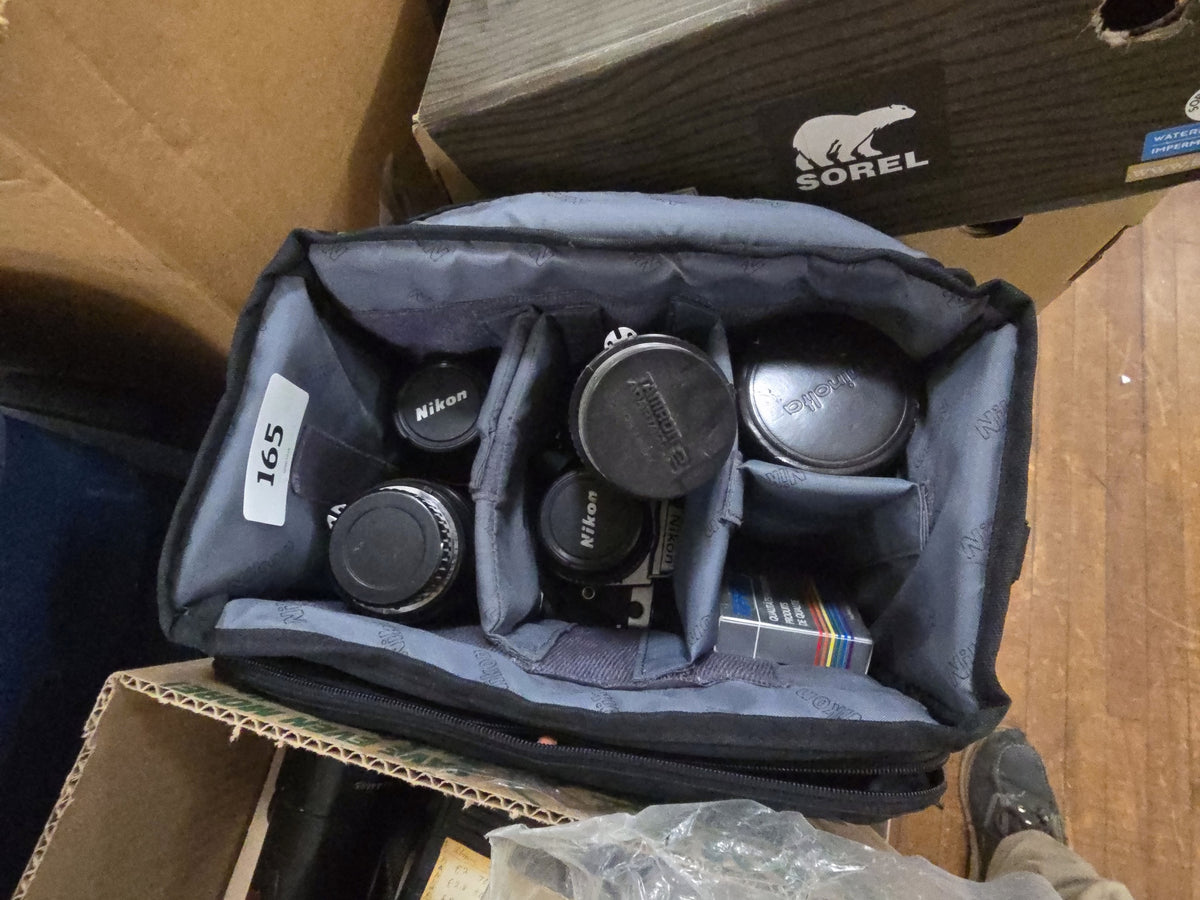 camera bag with Nikon camera and lenses