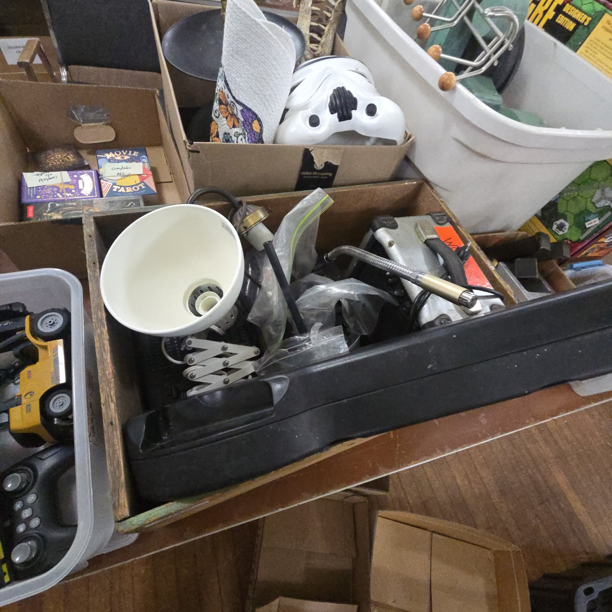 wooden crate with miscellaneous audio and electronic equipment