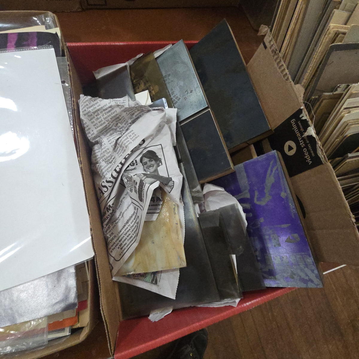 box lot of photo printing blocks and glass negatives
