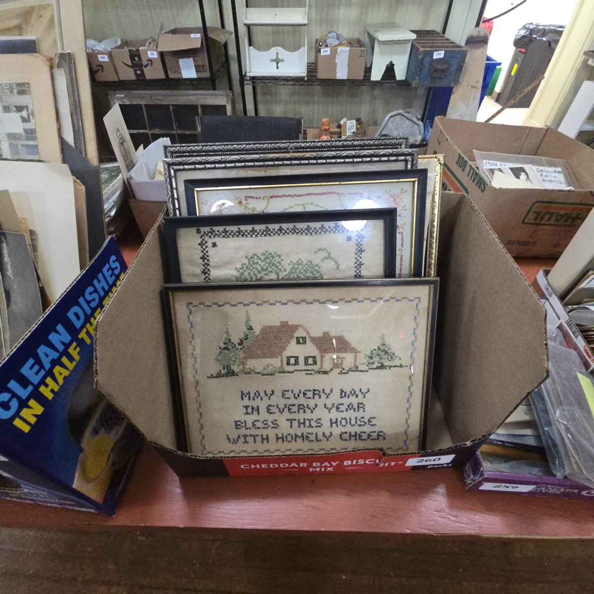 box lot of vintage framed embroideries