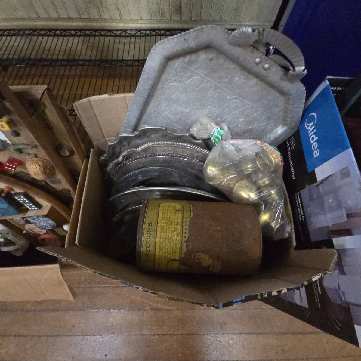 box lot of miscellaneous metal objects and trays