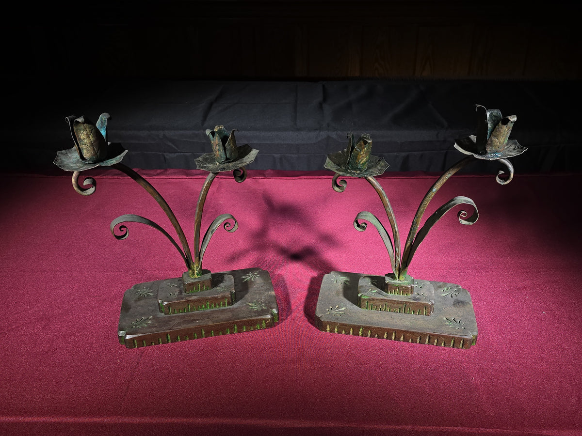 Pair of Antique Arts and Crafts Two-Light Candlesticks with Carved Wooden Bases
