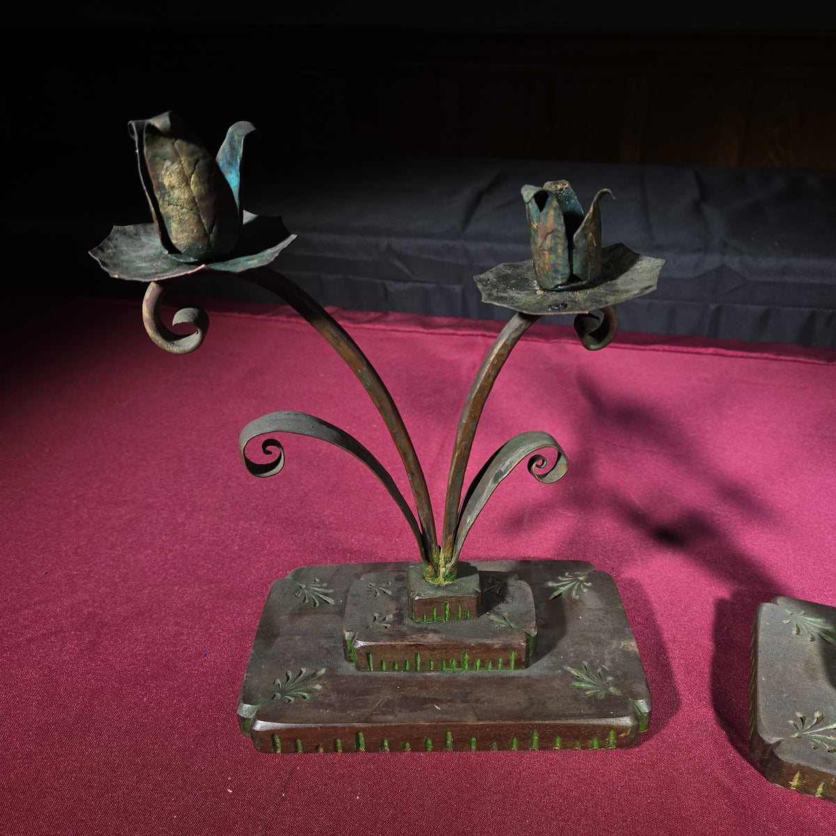 Pair of Antique Arts and Crafts Two-Light Candlesticks with Carved Wooden Bases
