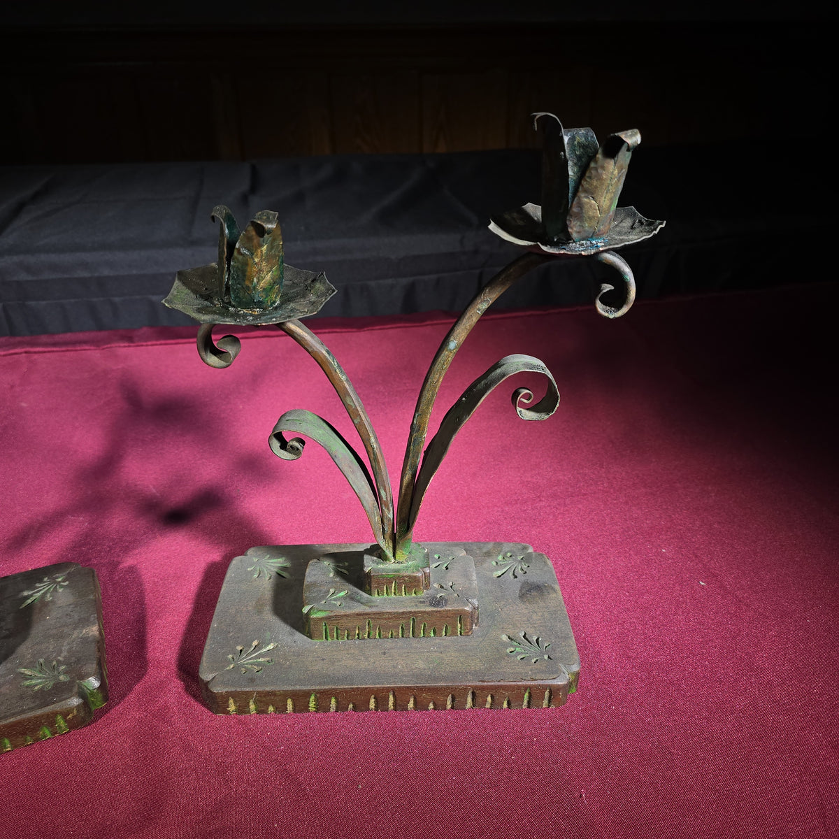 Pair of Antique Arts and Crafts Two-Light Candlesticks with Carved Wooden Bases