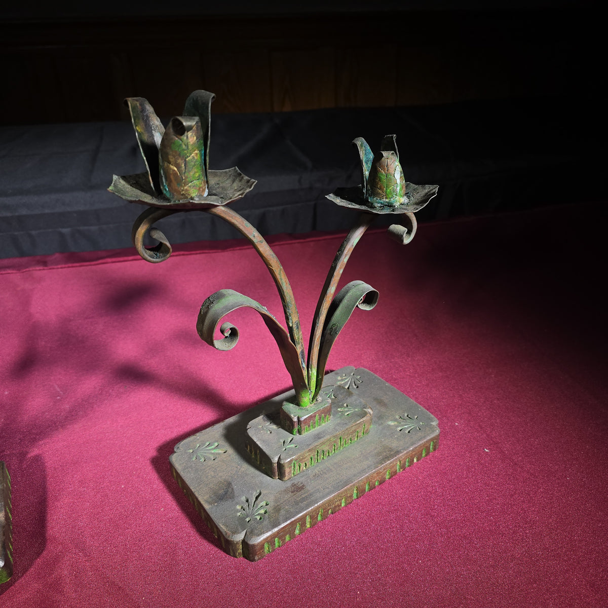 Pair of Antique Arts and Crafts Two-Light Candlesticks with Carved Wooden Bases