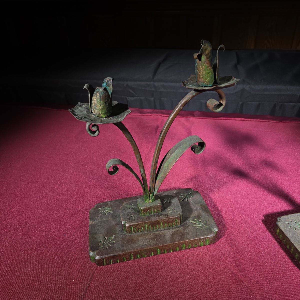 Pair of Antique Arts and Crafts Two-Light Candlesticks with Carved Wooden Bases