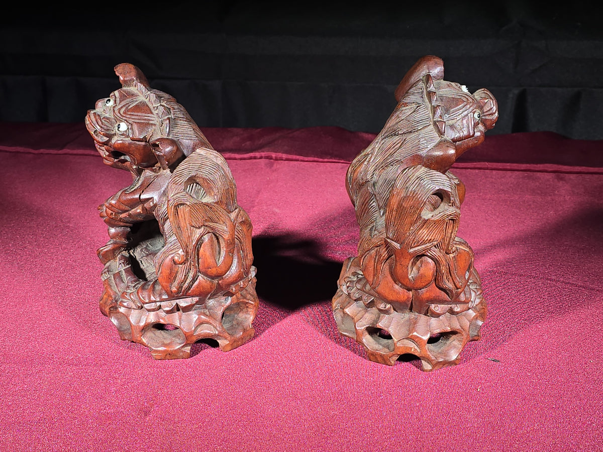 Pair of Vintage Carved Wood Foo Dog Figures with Inset Eyes
