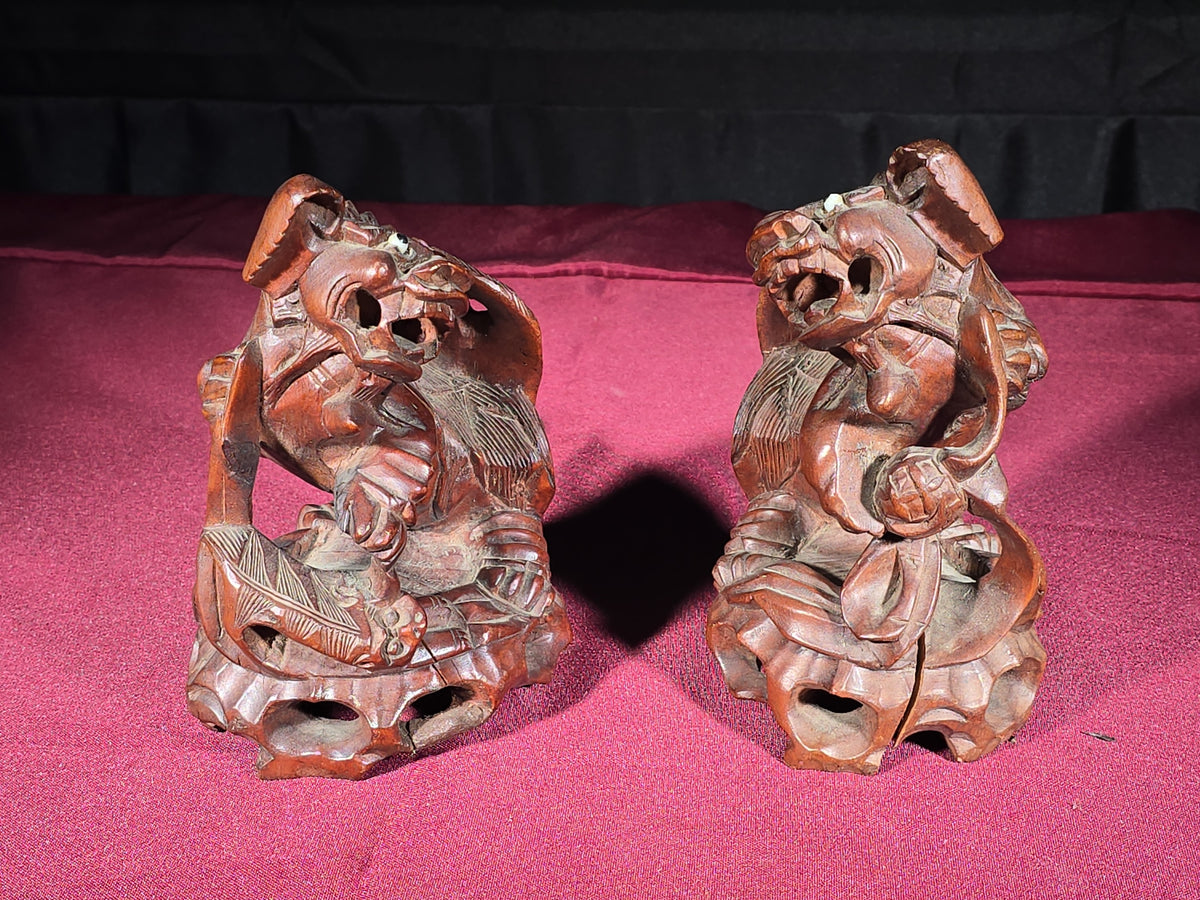 Pair of Vintage Carved Wood Foo Dog Figures with Inset Eyes