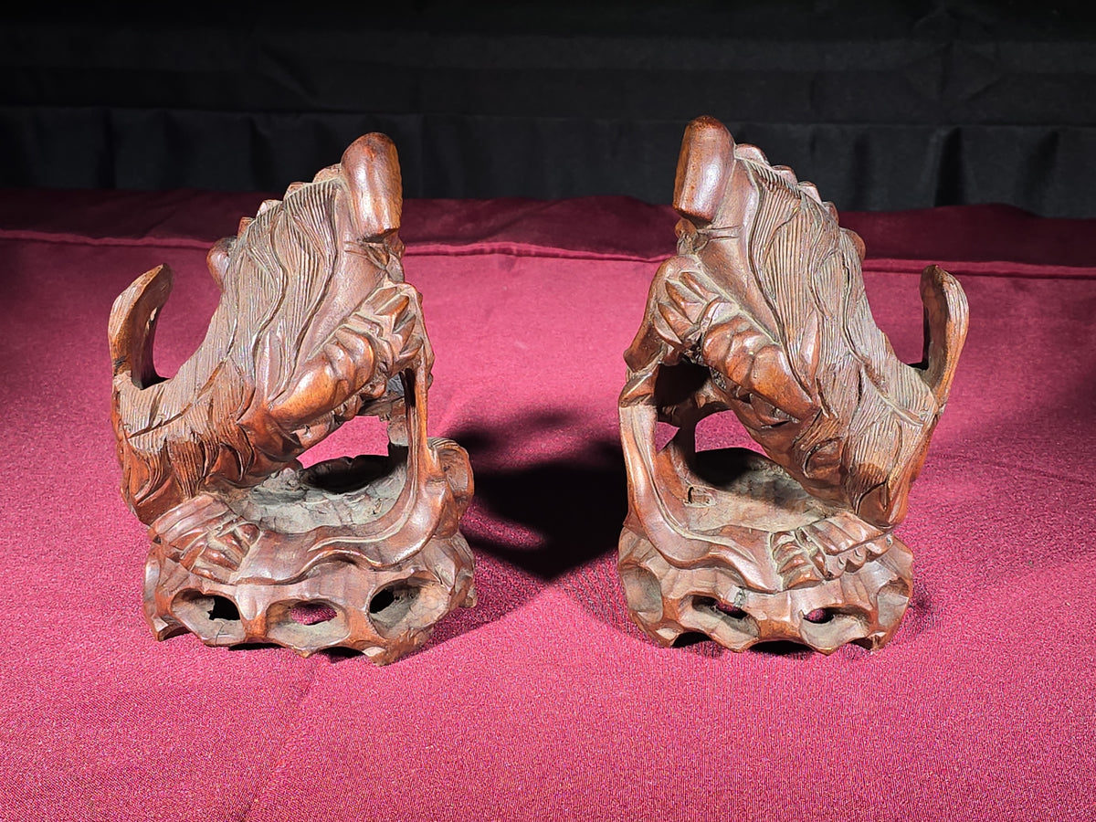 Pair of Vintage Carved Wood Foo Dog Figures with Inset Eyes