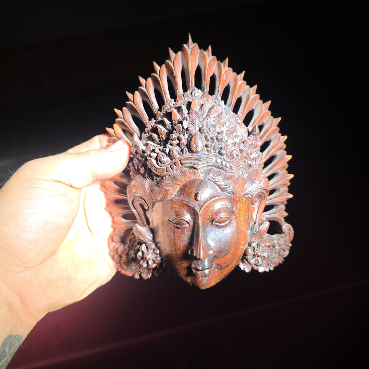 Trio of Vintage Balinese Carved Wood Masks including Barong and Headdress Masks, One Signed Puspa Bali