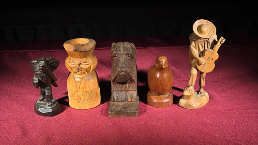 Grouping of Five Vintage Hand-Carved Wood Figures including a Guitar Player, Dog, Bird, and Figural Bust