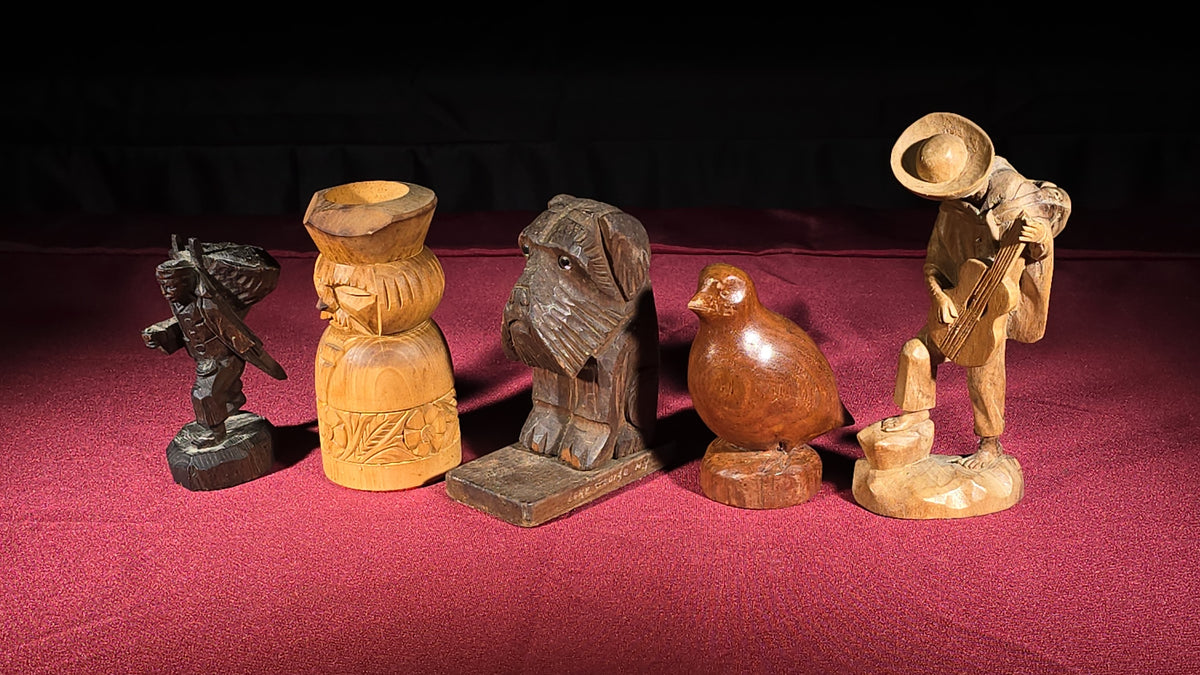Grouping of Five Vintage Hand-Carved Wood Figures including a Guitar Player, Dog, Bird, and Figural Bust