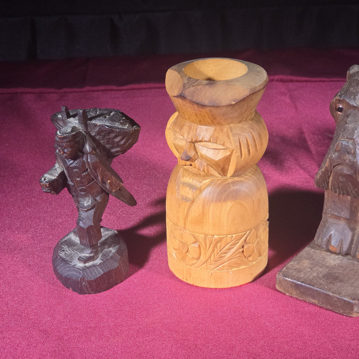 Grouping of Five Vintage Hand-Carved Wood Figures including a Guitar Player, Dog, Bird, and Figural Bust