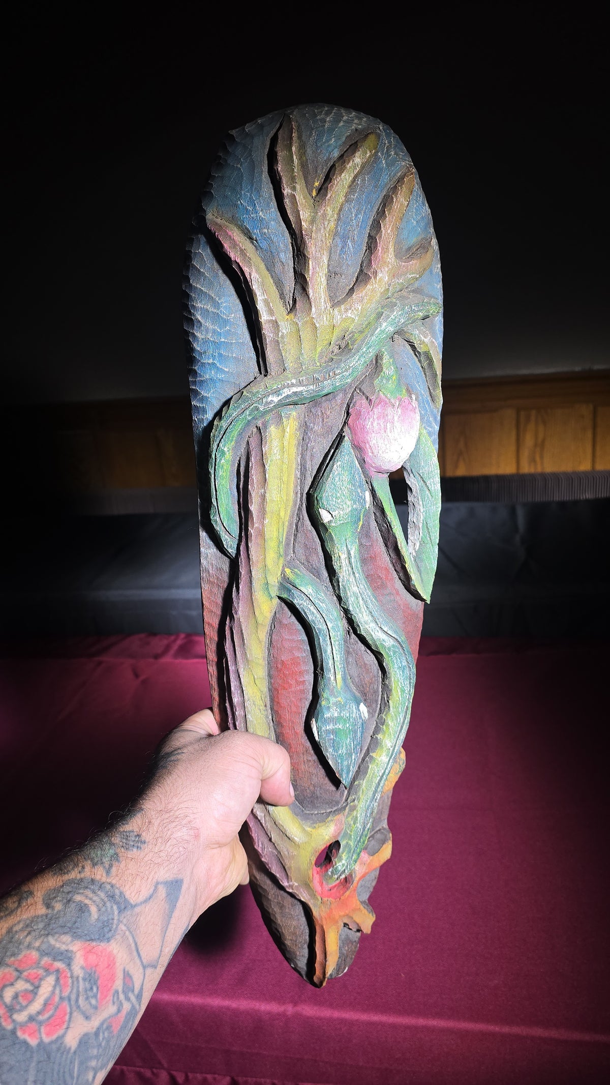 Vintage Carved and Painted Wood Mask with Snake and Floral Motif, Initialed "LB"