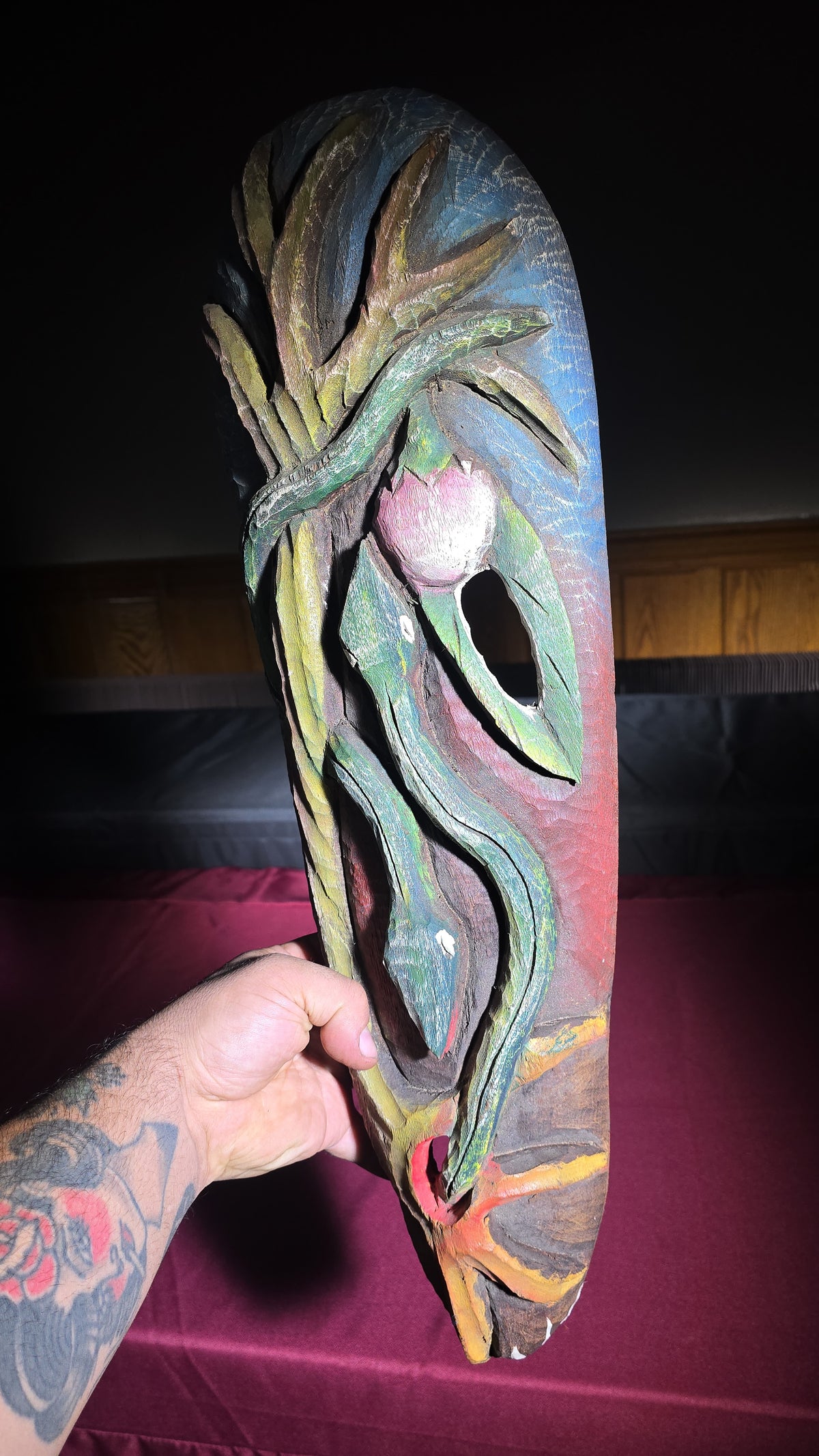 Vintage Carved and Painted Wood Mask with Snake and Floral Motif, Initialed "LB"