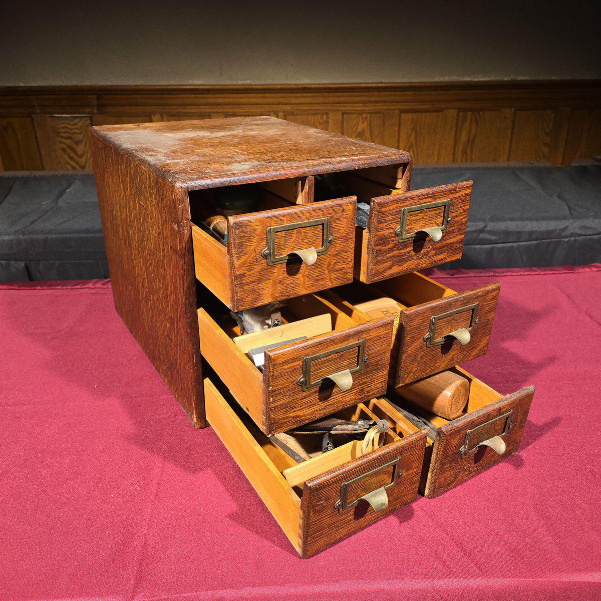 Antique Oak Six-Drawer Card Catalog Cabinet with Contents including Lie-Nielsen Toolworks, Razor Strop, Gun Cleaning Supplies, and Hand Tools