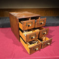 Lot 216 - Antique Oak Six-Drawer Card Catalog Cabinet with Contents Including Lie-Nielsen Toolworks, Razor Strop, Gun Cleaning Supplies, and Hand Tools, 13" L x 16-1/2" W x 12-3/4" H