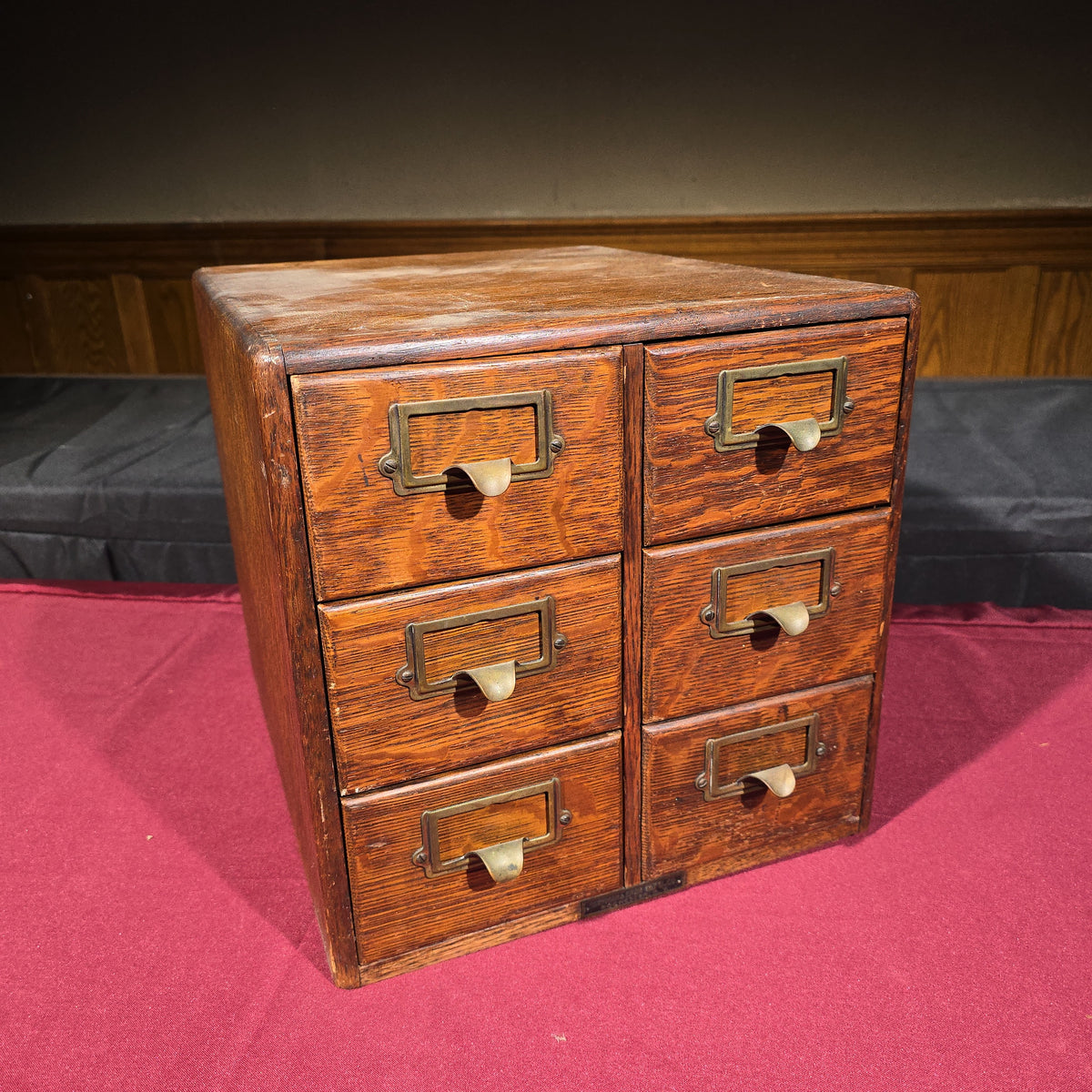 Antique Oak Six-Drawer Card Catalog Cabinet with Contents including Lie-Nielsen Toolworks, Razor Strop, Gun Cleaning Supplies, and Hand Tools