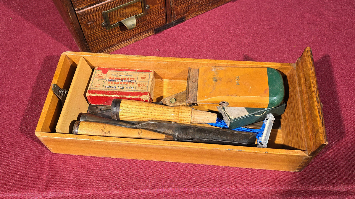 Antique Oak Six-Drawer Card Catalog Cabinet with Contents including Lie-Nielsen Toolworks, Razor Strop, Gun Cleaning Supplies, and Hand Tools