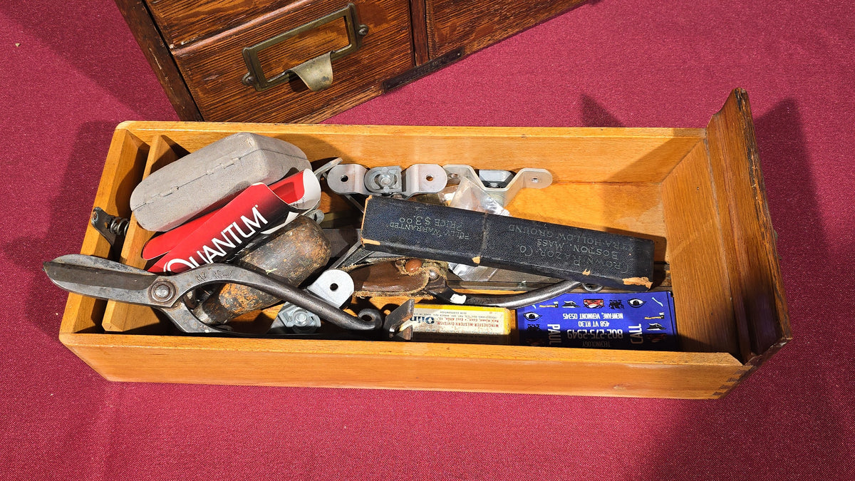 Antique Oak Six-Drawer Card Catalog Cabinet with Contents including Lie-Nielsen Toolworks, Razor Strop, Gun Cleaning Supplies, and Hand Tools