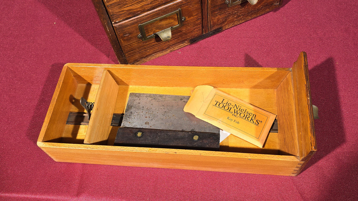 Antique Oak Six-Drawer Card Catalog Cabinet with Contents including Lie-Nielsen Toolworks, Razor Strop, Gun Cleaning Supplies, and Hand Tools