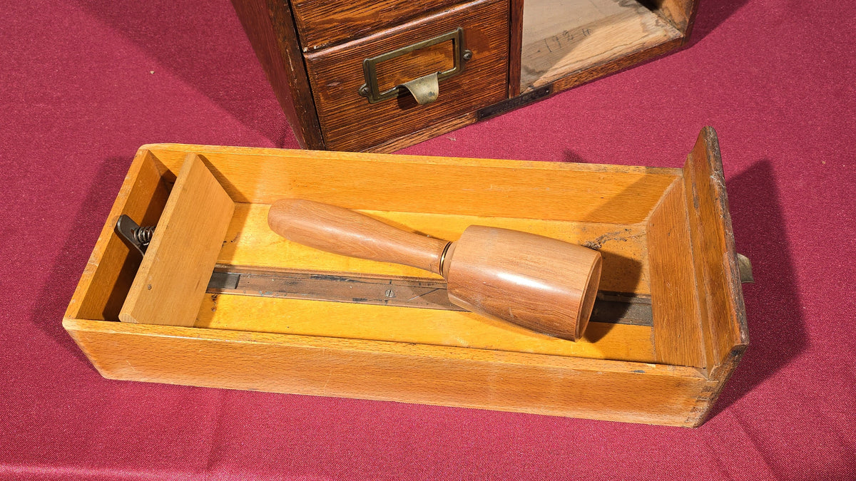 Antique Oak Six-Drawer Card Catalog Cabinet with Contents including Lie-Nielsen Toolworks, Razor Strop, Gun Cleaning Supplies, and Hand Tools