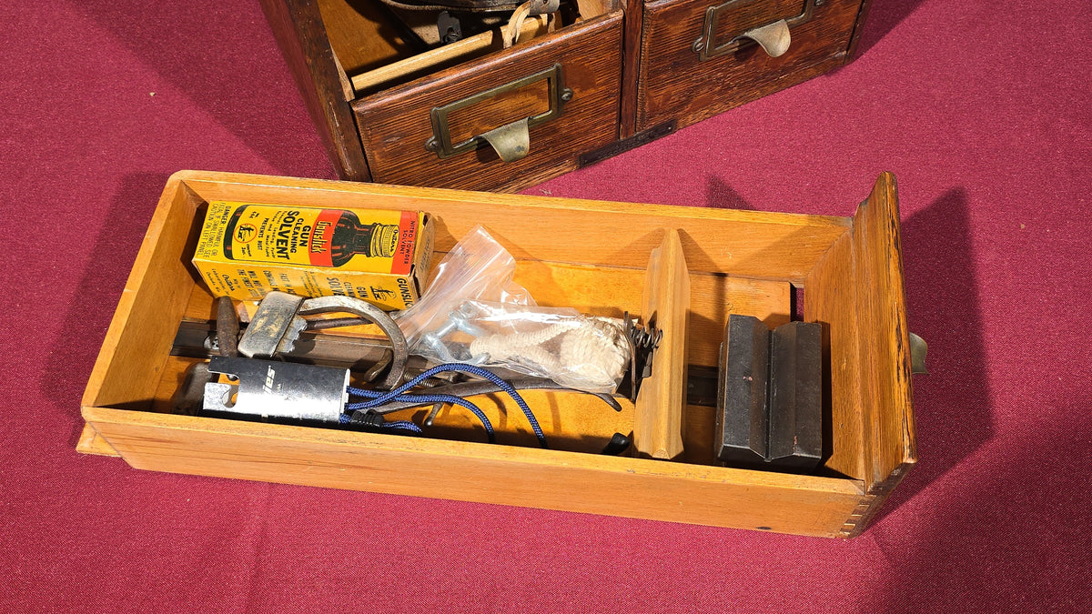 Antique Oak Six-Drawer Card Catalog Cabinet with Contents including Lie-Nielsen Toolworks, Razor Strop, Gun Cleaning Supplies, and Hand Tools