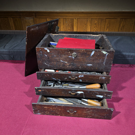 Vintage Wooden Machinist's Tool Chest with Contents including Taps, Drill Bits, Files, Wrenches, and End Mills