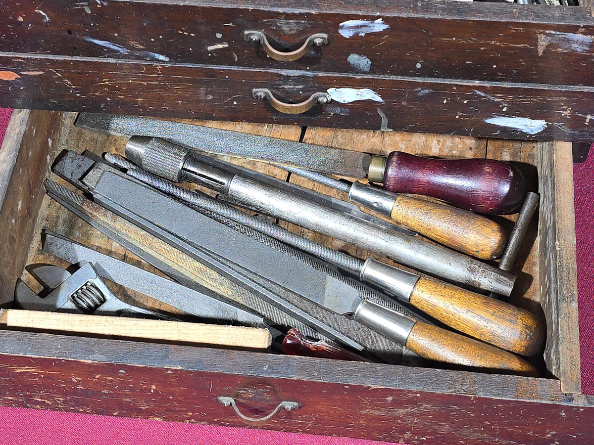 Vintage Wooden Machinist's Tool Chest with Contents including Taps, Drill Bits, Files, Wrenches, and End Mills